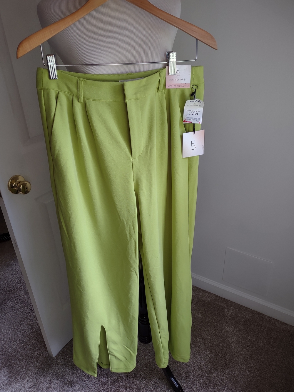 High-Rise Lime Wide-Leg Trousers with Front Slit